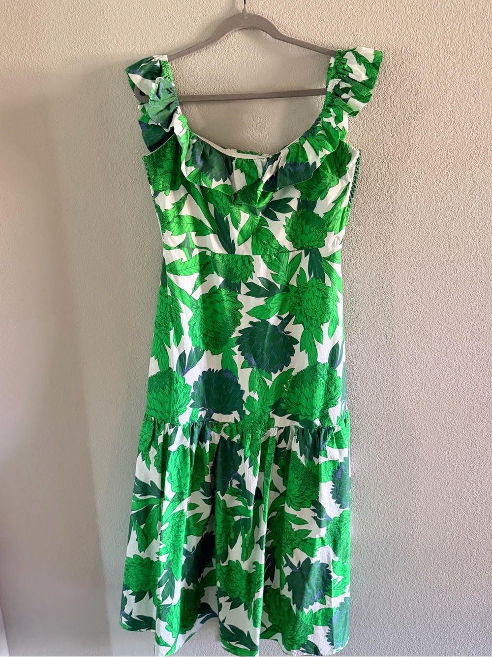 Green Floral Midi Sundress with Ruffle Shoulders